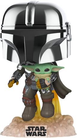 Figurine Funko Pop Star Wars : Le Mandalorien #402  Le Mandalorien tient Grogu avec Pin, Chrome