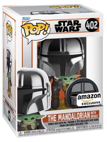 Figurine Funko Pop Star Wars : Le Mandalorien #402  Le Mandalorien tient Grogu avec Pin, Chrome