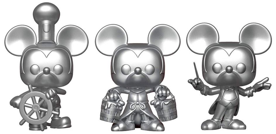 Figurine Funko Pop Mickey Mouse - 90 Ans [Disney] Mickey Mouse - Steamboat Willie, Apprenti Sorcier, Chef d'Orchestre - 3-Pack Argent