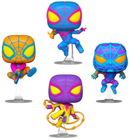 Figurine Funko Pop Marvel's Spider-Man: Miles Morales Miles Morales : Classic Suit / STRIKE Suit / Bodega Cat Suit / TRACK Suit - Black Light - 4 Pack