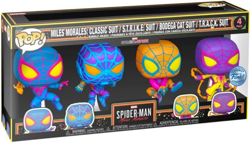 Figurine Funko Pop Marvel's Spider-Man: Miles Morales Miles Morales : Classic Suit / STRIKE Suit / Bodega Cat Suit / TRACK Suit - Black Light - 4 Pack