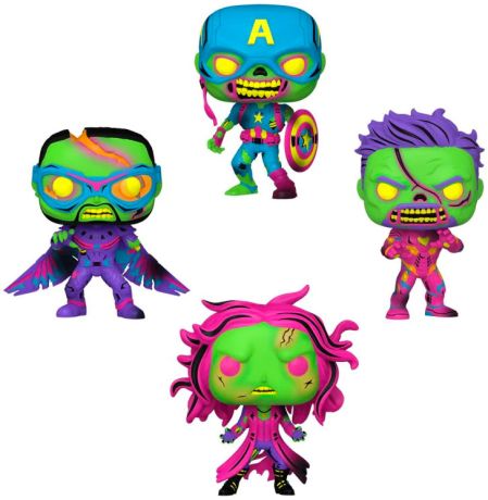 Figurine Funko Pop Marvel What If...? Zombie Captain America / Zombie Iron Man / Zombie Falcon / Zombie Scarlet Witch - Black Light - 4 Pack