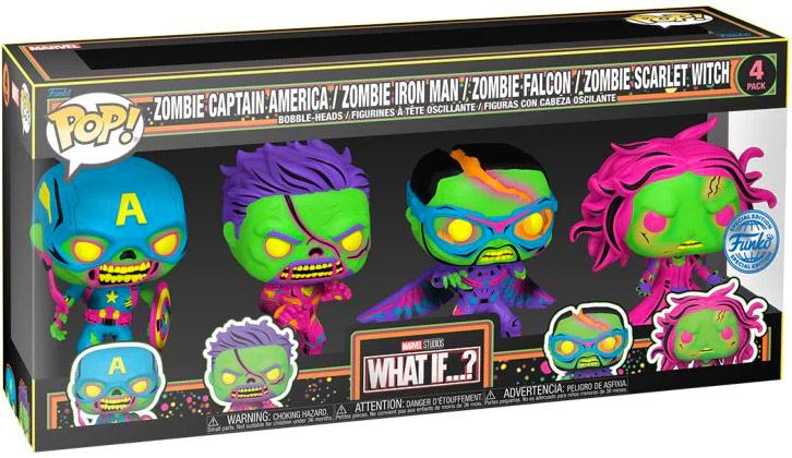 Figurine Funko Pop Marvel What If...? Zombie Captain America / Zombie Iron Man / Zombie Falcon / Zombie Scarlet Witch - Black Light - 4 Pack