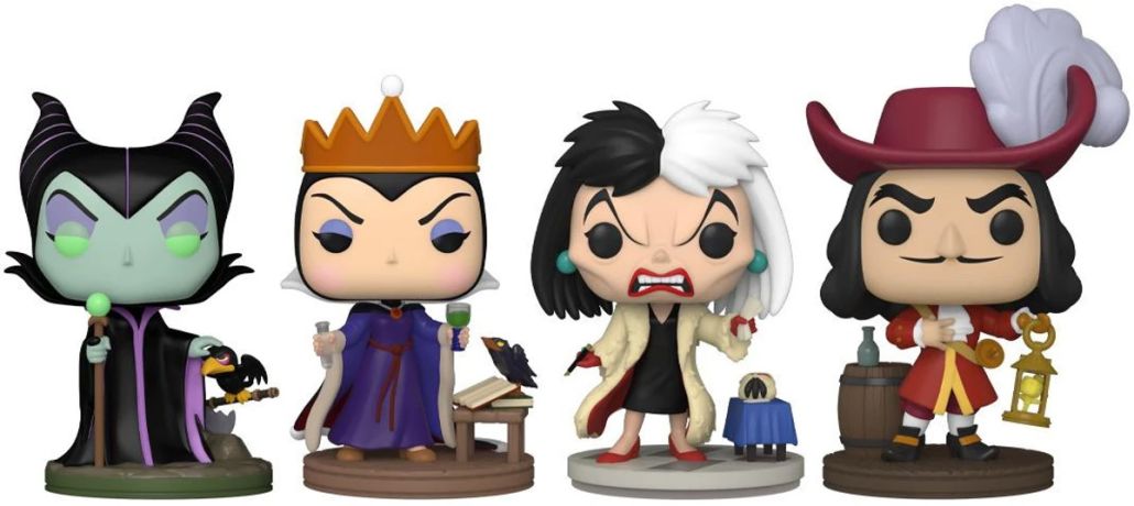 Figurine Funko Pop Disney Villains Maléfique, La Méchante Reine, Cruella D'Enfer, Capitaine Crocher - Glow in the dark - 4 Pack