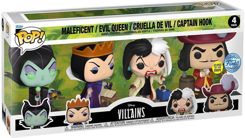 Figurine Funko Pop Disney Villains Maléfique, La Méchante Reine, Cruella D'Enfer, Capitaine Crocher - Glow in the dark - 4 Pack