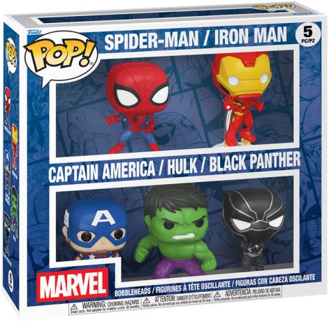 Figurine Funko Pop Marvel Comics Spider-Main / Iron Man / Captain America / Hulk / Black Panther - Pack