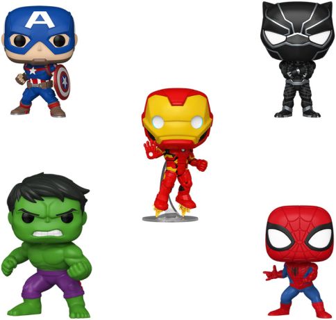 Figurine Funko Pop Marvel Comics Spider-Main / Iron Man / Captain America / Hulk / Black Panther - Pack