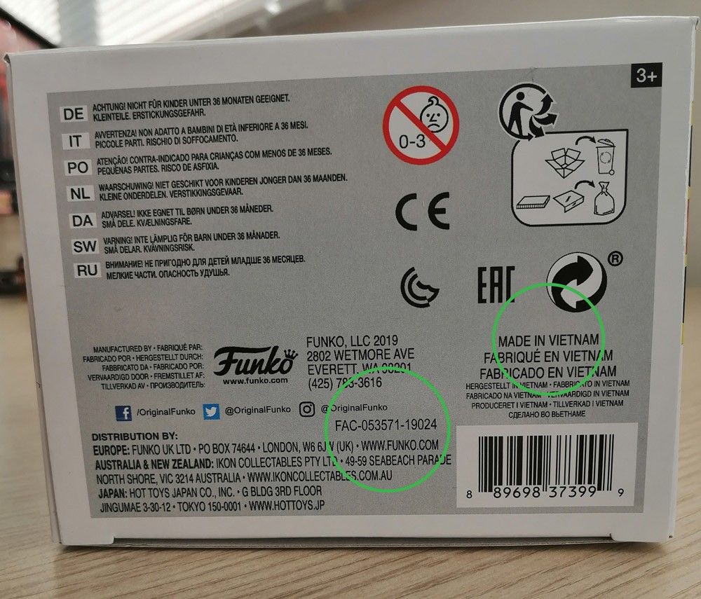 Dessous de boîte Funko POP authentique : mention Made in Vietnam et code de production clair